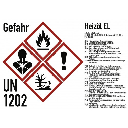 Gefahrstoffkennzeichnung Heizöl nach GHS, Folie, 210x148 mm, Idx 2019