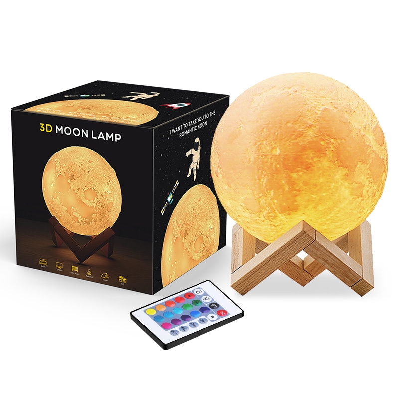 Lámpara Luna 3D LED, 16 Colores RGB, Control Táctil y Remoto, Regulable, Luz Nocturna 15 cm con Soporte de Madera y Cargador USB Incluidos