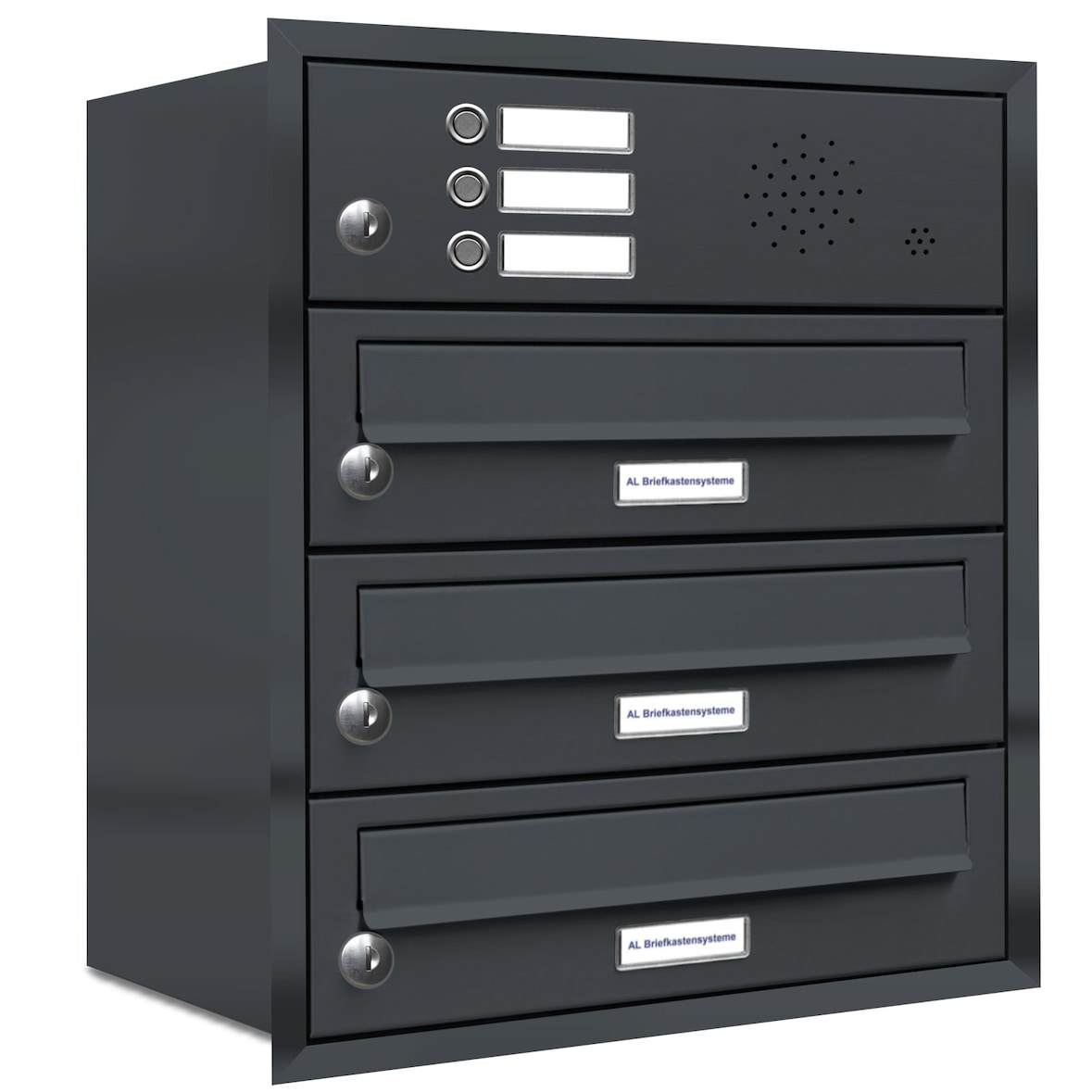 AL Briefkastensysteme 3 Fächer Premium Unterputz Briefkasten Anlage mit Klingeln RAL 7016 Anthrazit Grau, A4, wetterfest, Artikelnummer 132P3U1KSP7016