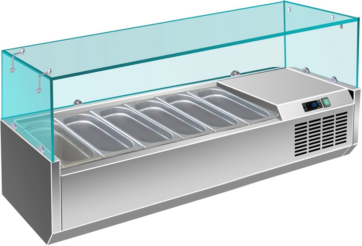 Gastro Edelstahl Kühlaufsatz Aufsatzkühlvitrine Pizzakühlaufsatz 6 x 1/4 GN mit Glasaufsatz