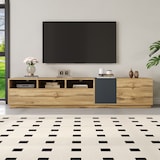 thumbnail of TV-Schrank 200x45x45cm mit 3 offenen Fächern, Klapptür & Seitentüren, modern, robust, Stauraum für Wohnzimmer, Medienmöbel, Holzoptik Schwarzgrau