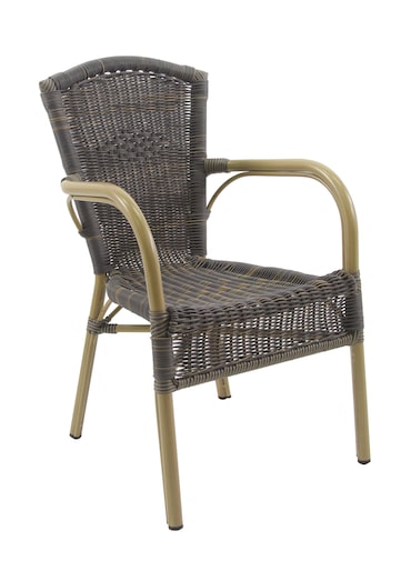 METRO Professional Silla bistro Feltre, aluminio / ratán PE, 55 x 65 x 89 cm, con reposabrazos, apilable, resistente a la intemperie, marrón