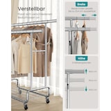 thumbnail of Schwerlast Kleiderständer auf Rollen bis 270 kg, mit Ablage und Haken, Garderobenständer, 2 ausziehbare Kleiderstangen, verstellbare Höhe, silbern