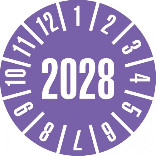 Dreifke® Prüfplakette 2028, violett, Folie, ablösbar, Ø 25mm, 21 Stk.