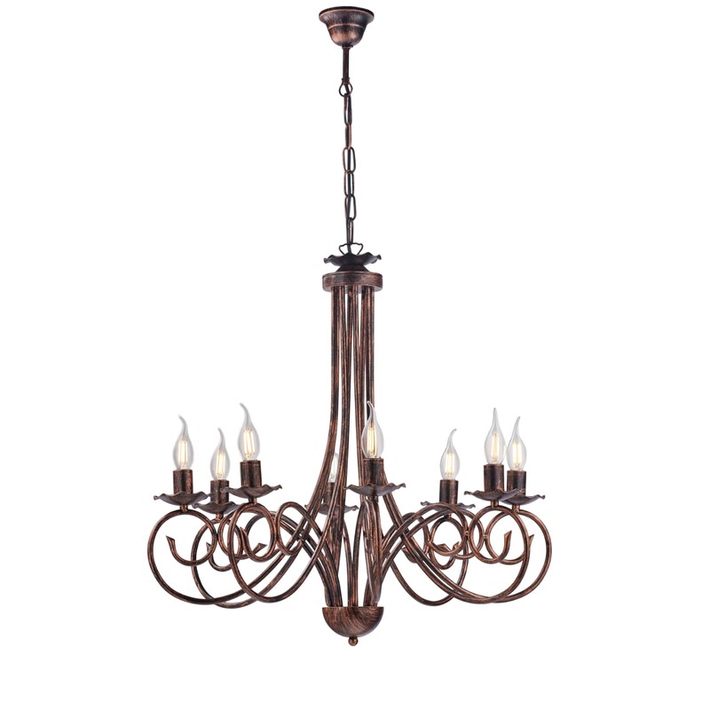 Alma - Lampadario in ferro laccato nero con decoraz. rame antico 8 luci 128 - Ø67 - BL130-8-NR
