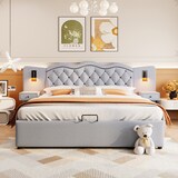 thumbnail of Merax Polsterbett, Hydraulisches Doppelbett 180x200cm mit Nachttischlampen USB-Anschluss, Grau