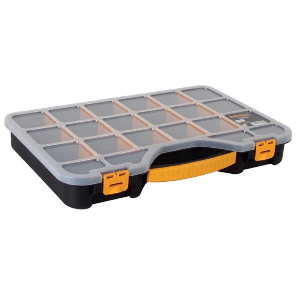 Boite de rangement, max. 20 compartiments, 16 séparateurs, couvercle transparent, empilable, 510 x 347 x 71 mm, noir/jaune