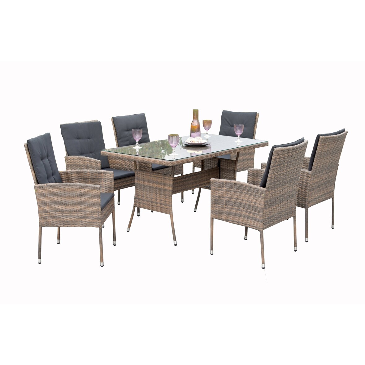 Merxx Menorca Set 19tlg., 6 Sessel inkl. Sitz- und Rückenkissen, 1 Tisch 140 x 80 cm, Stahl/Kunststoffgeflecht