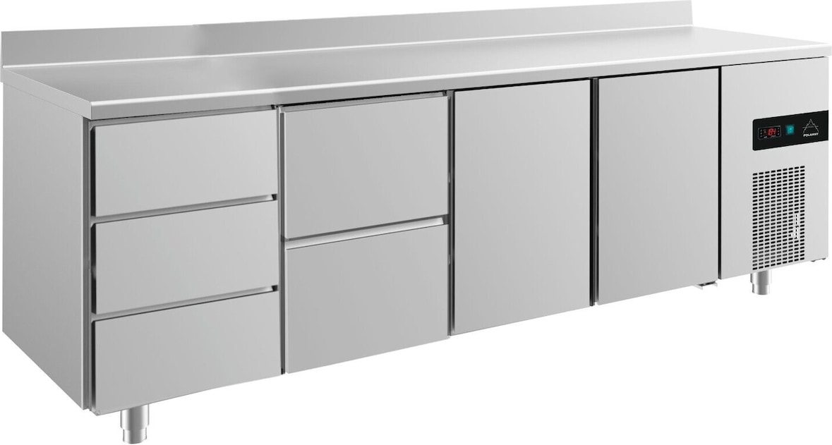 Gastro Kühltisch 3 Schubladen links 2 Schubladen mittig je 1 Tür mittig &rechts Umluftkühlung Aufkantung, 2330x700x850mm -2/+8°C