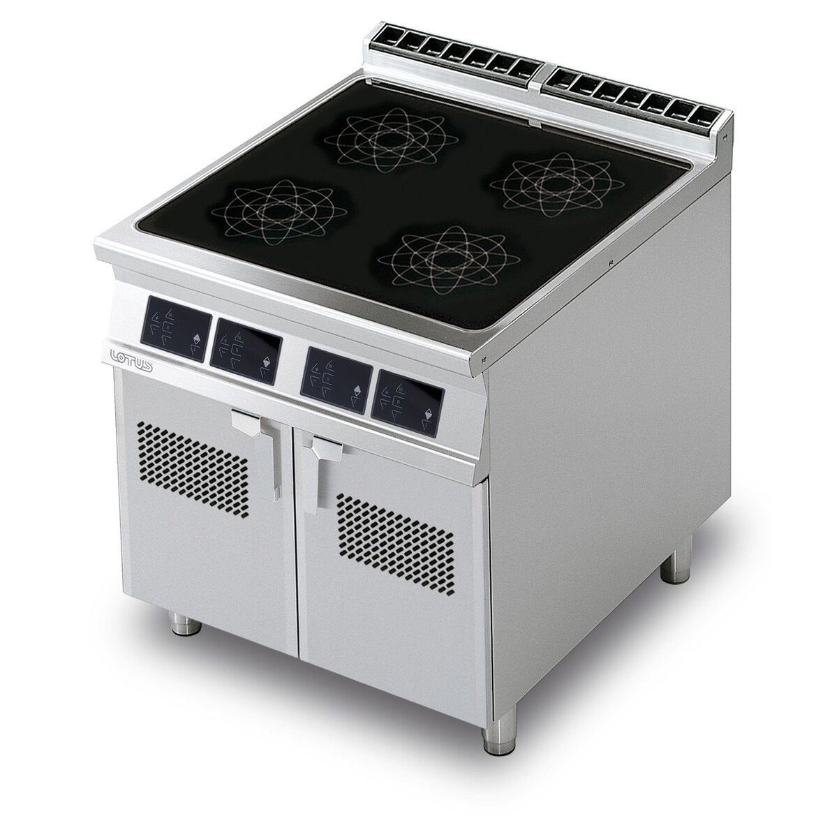 Cucina induzione 4 zone. Piano di cottura in vetroceramica con comandi digitali. Struttura in acciaio Inox. Misure 80x90 h90 cm. Modello PCI-98ETD