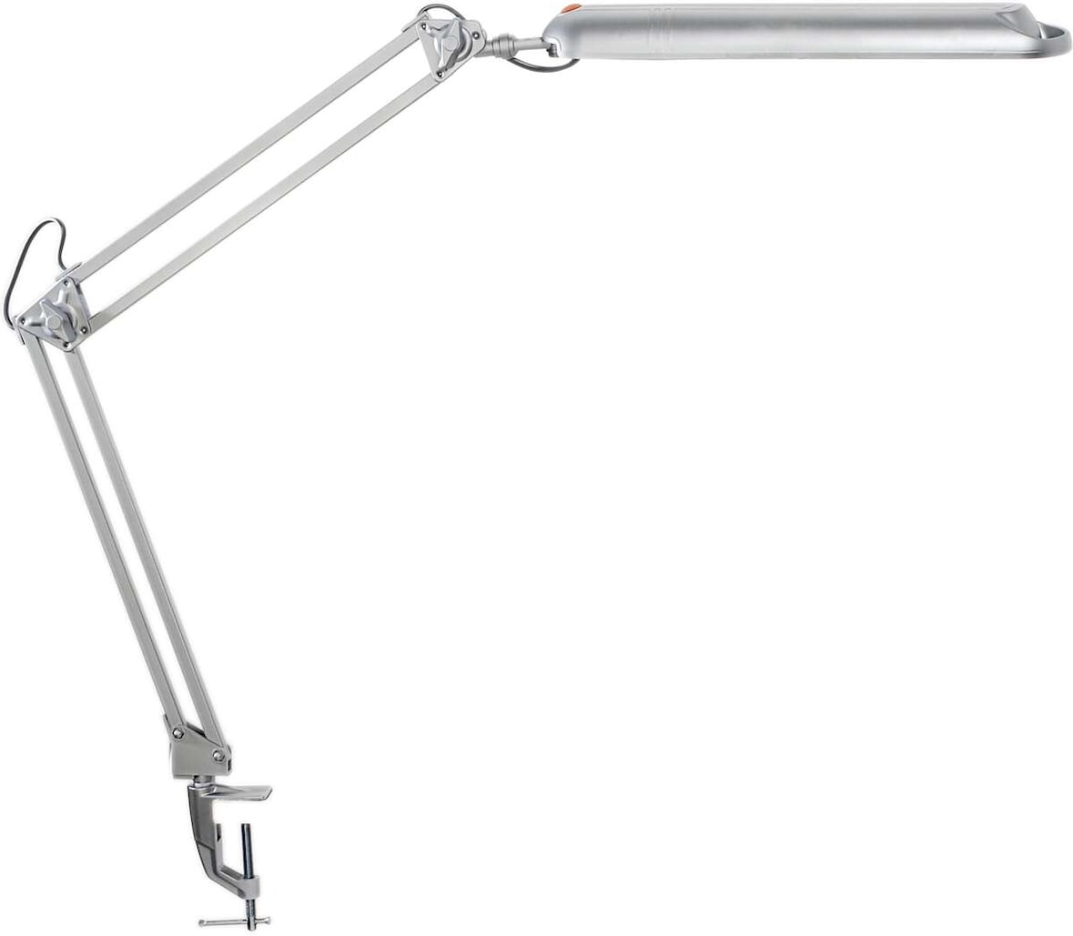 Eine silberne Schreibtischlampe mit einem Gelenkarm.