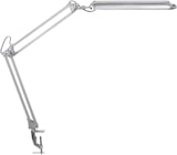 Eine silberne Schreibtischlampe mit einem Gelenkarm.