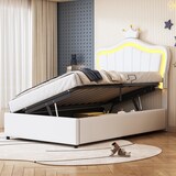 thumbnail of Modernes Polsterbett 90x200 mit LED-Beleuchtung, hydraulischem Stauraum, Muschel-Kopfteil mit Krone, Kunstleder, stabile Holz-Metall-Konstruktion Weiß