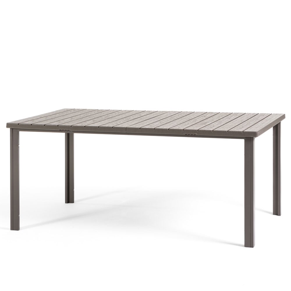Mesa de jardín rectangular 180x90 cm, estructura de acero y lamas efecto madera, 6 plazas, estilo moderno para jardín o terraza–THOMAS–Tórtola