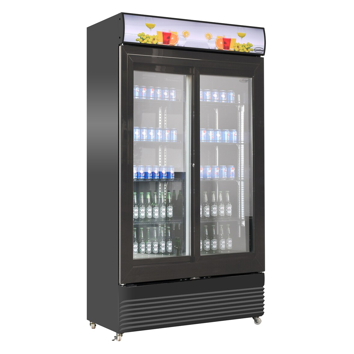 Kühlschrank STERLET auf Rollen | 2x Glasschiebetür + LED & Display | 780 Liter, HxBxT 210x112x59,5cm | +2/+10°C | Schwarz + CHEFGASTRO Geschirrtuch
