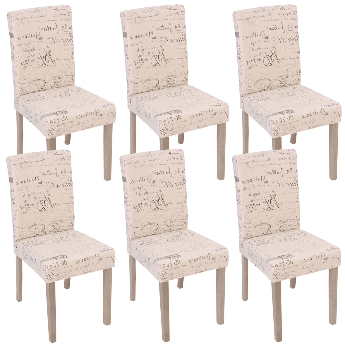 CHEFGASTRO 6er-Set Esszimmerstuhl klassisch und zeitlos HxBxT 90x43x56cm Sitzhöhe 45cm Küchenstuhl Textil mit Schriftzug Beine Struktur - Eiche Creme