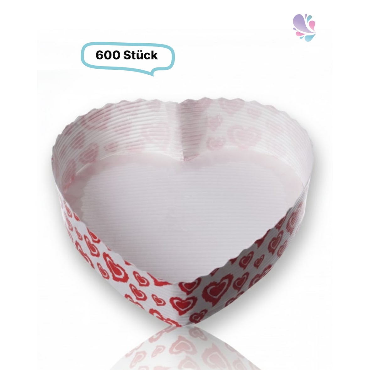 Papier-Backformen Herz weiß-rot, 600 Stück, 135x135x35mm, 420ml, Backofen geeignet, aluminiumfrei