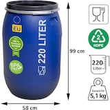 thumbnail of plasteo® 220 Liter Weithalsfass mit Deckel und Spannring, Lebensmittelecht, BPA-Frei, Futtertonne Kunststofffass Deckelfass Regentonne Sauerkrautfass