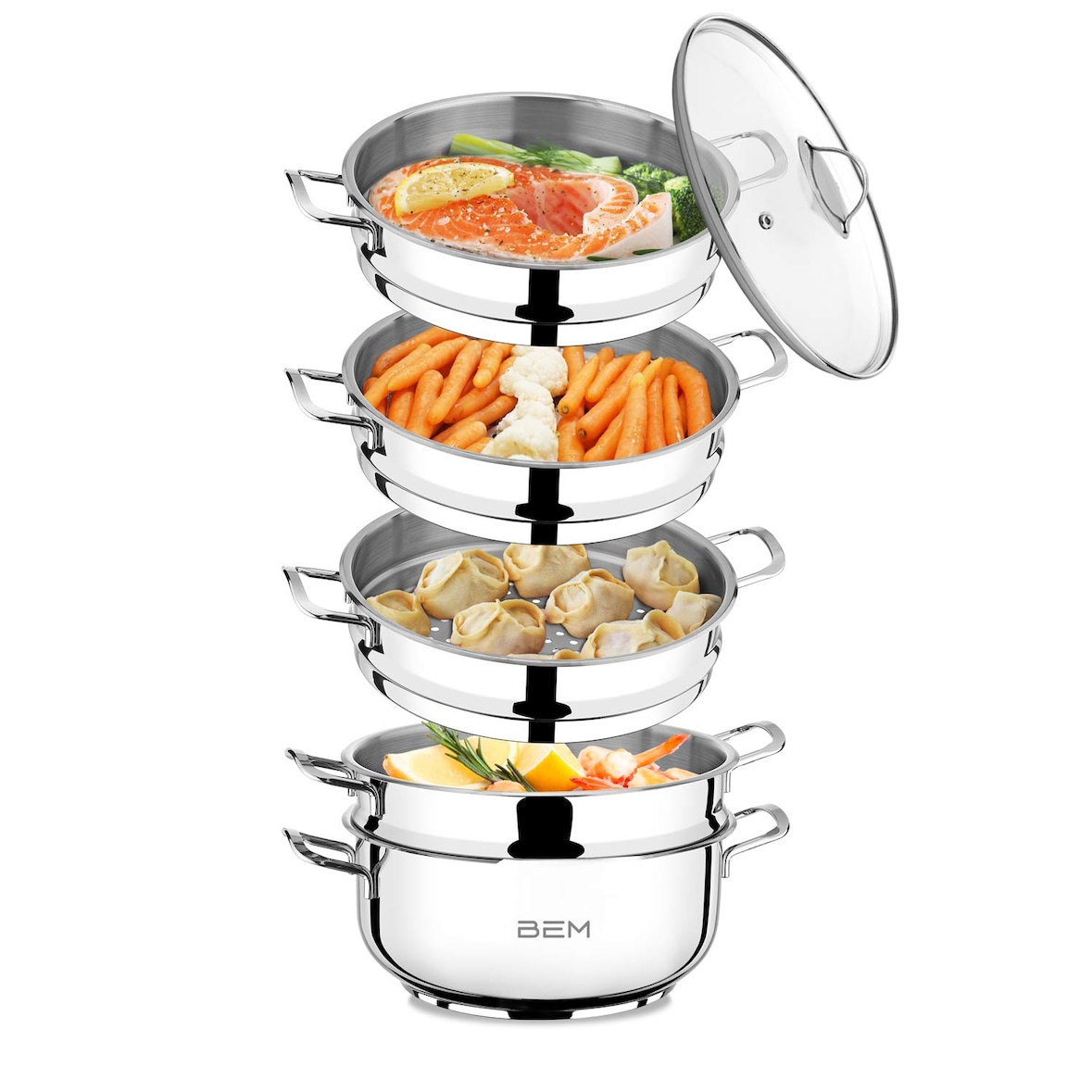 BEM Dampfkocher 6-tlg. 28 cm aus Edelstahl 18/10 mit Glasdeckel, NICHT induktionsgeeignet