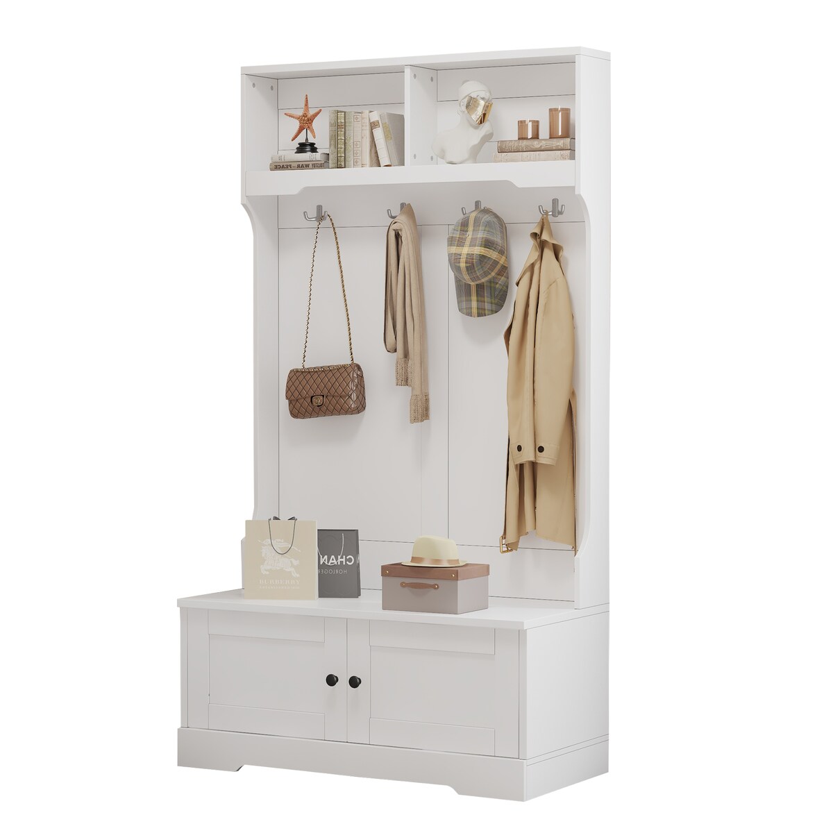 OKWISH Eingangsschrank 101x183x47 cm Schuhschrank mit Sitzbank Türen Haken Offene Fächer Stauraum Weiß modernes Flur Möbel