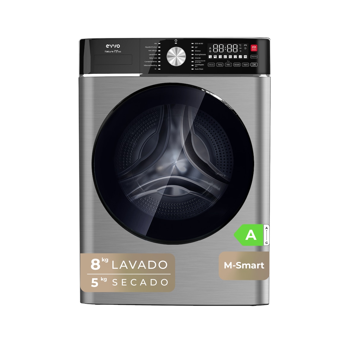 EVVO Lavadora secadora 8 kg + 5 kg carga frontal Nature M8/5, 1400 rpm, Función vapor Steam Wash, Motor BLDC , M-Smart, inox