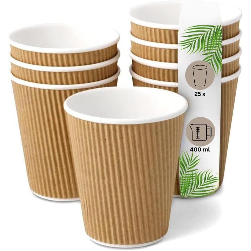 DeinPack 25 Riffelbecher 400 ml doppelwandig  to Go Pappbecher aus braunem Kraftkarton  Kaffeebecher