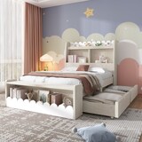 thumbnail of Massivholz Bett 90x200 mit Stauraum Schubladen Regal Sitzbank Ablage MDF Lattenrost stabiles Design platzsparend Weiß Eichefarben