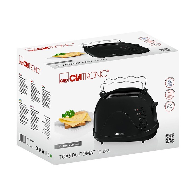 Clatronic TA 3565 Tostadora Pan, 2 Rebanadas, Regulador Nivel Tostado, 3 Funciones, Calienta Panecillos, Recogemigas, Negro, 700W
