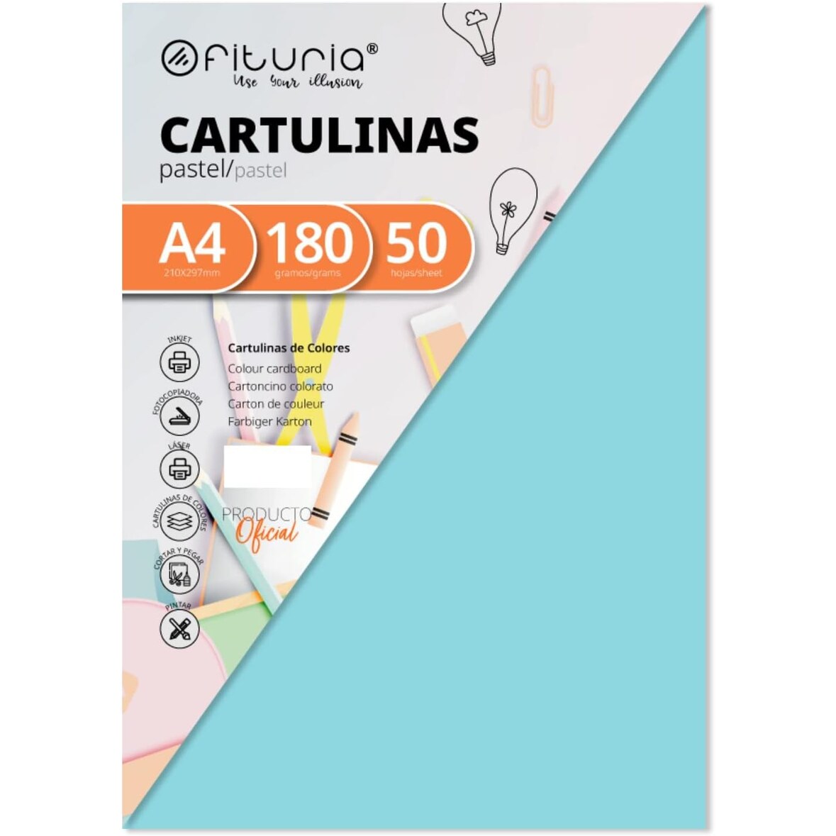 Pack 50 Azul Claro, Cartulina A4 180g, Colores para Manualidades, Diseños Creativos y Proyectos de Arte · Ofituria