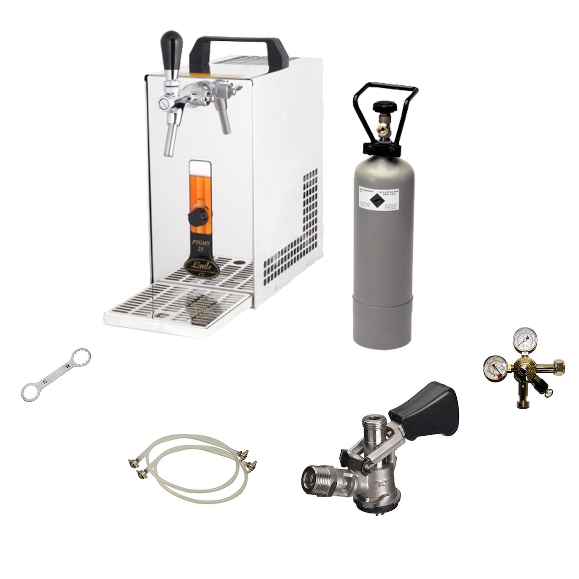 Komplett Set - Zapfanlage, Bierzapfanlage, Bierkoffer, Durchlaufkühler PYGMY 25 LE, 1-leitig Trockenkühler, 30 L/h, Green Line, Zapfkopf:NC Adapter