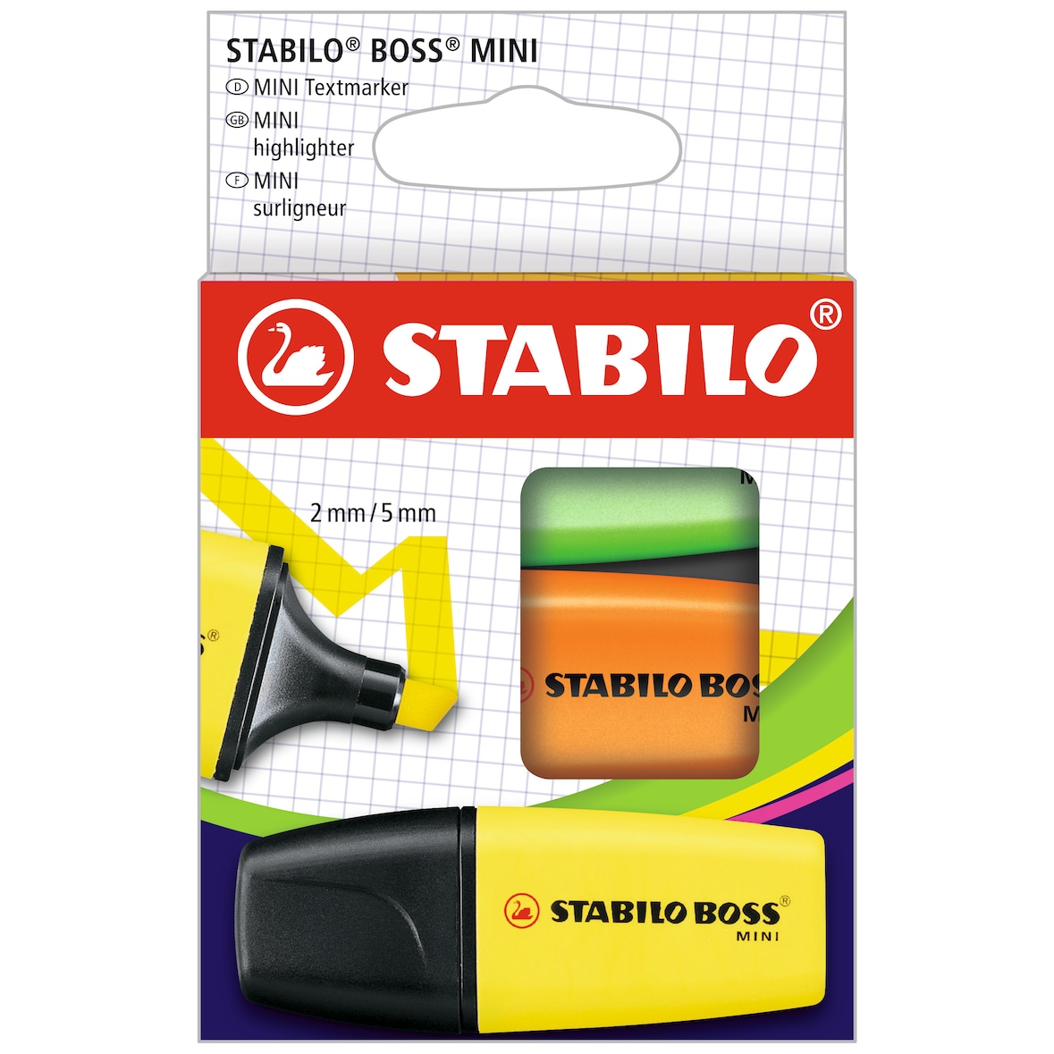 STABILO 3 surligneurs BOSS MINI jaune + orange + vert