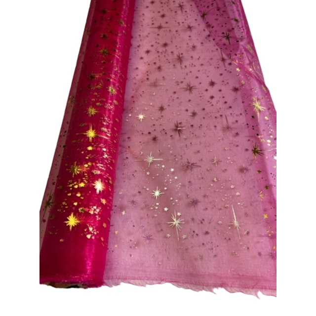 Tissus FUCHSIA Organza ETOILES or argent tissu deco noel mariage au mètre nappe chemin de table déco largeur 150 cm