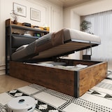 thumbnail of Bett 90x200 cm mit hydraulischem Stauraum, USB-Anschlüssen und Retro-Holz-Metall-Design – multifunktional Schwarz