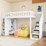 thumbnail of Hochbett 90x200 mit Stauraumleiter, Regalen und klappbaren Stauschränken, platzsparend, modernes Design, kreative Raumnutzung, Weiß