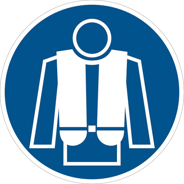 Gebotszeichen, Rettungsweste benutzen D-M015 - DIN 4844/BGV A8 - 100 mm Folie selbstklebend