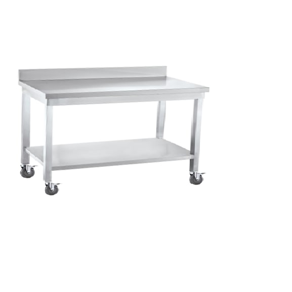 Mesa de trabalho em aço inoxidável 1800 x 600 com backsplash, com prateleira, com rodas
