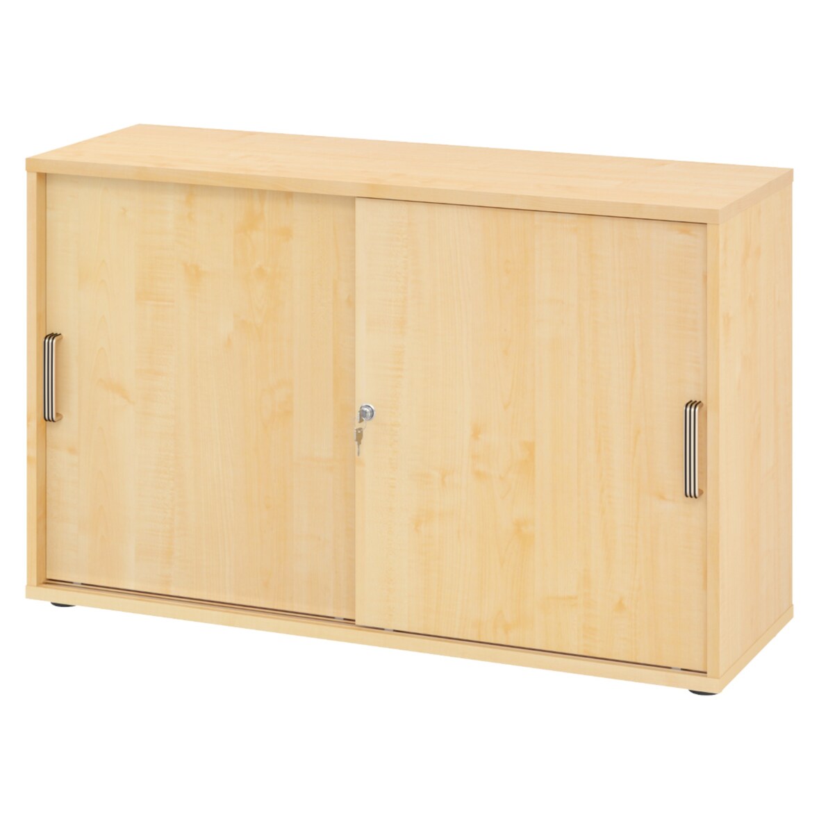 bümö Schiebetürenschrank 2OH - Aktenschrank abschließbar, Sideboard Schrank mit Schiebetüren in Ahorn, Streifengriff - Büroschrank aus Holz mit