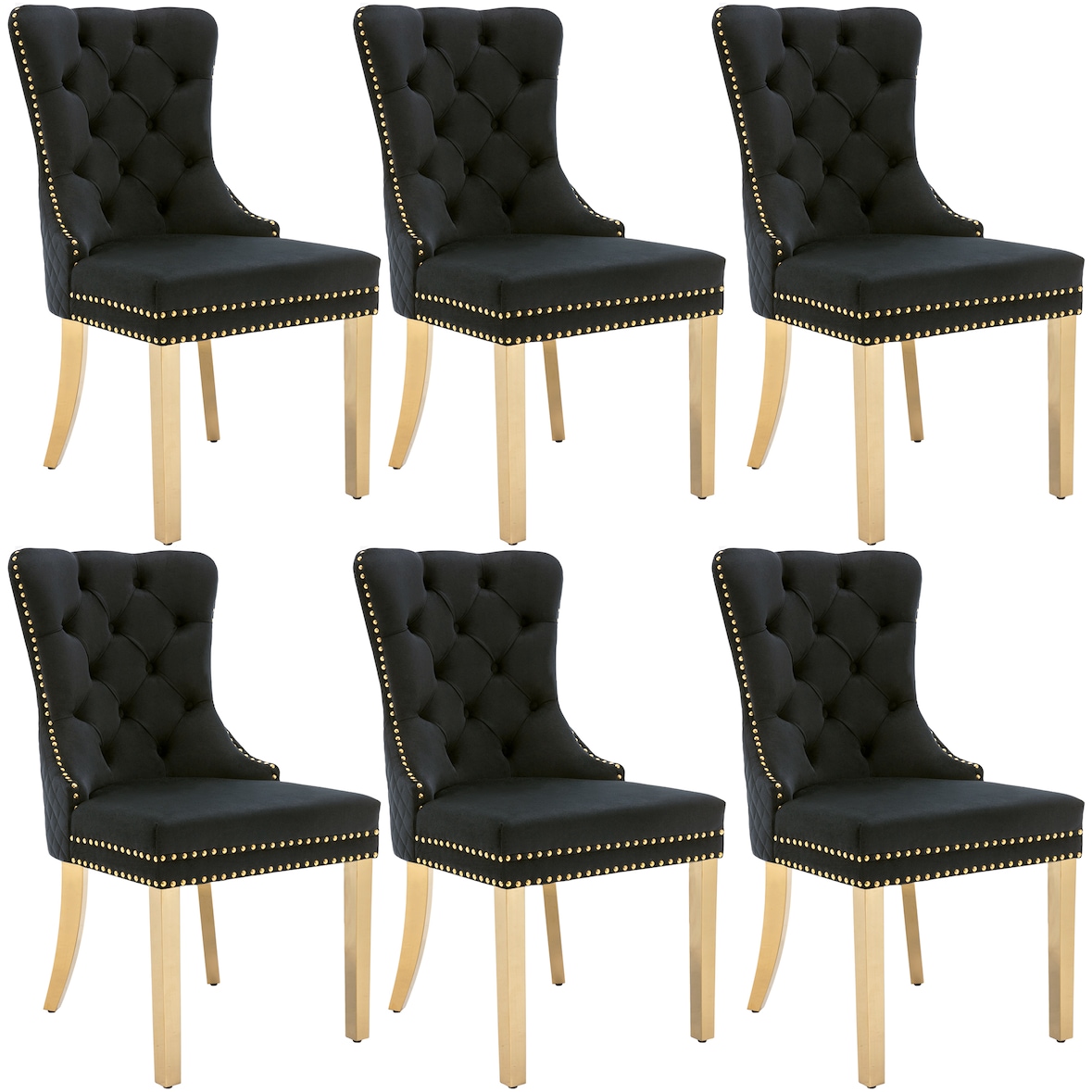 Merax Silla de Comedor Juego de 6 Sillas de Salón 6 Piezas Silla tapizada Patas de Apoyo de Acero Inoxidable Chapado en Oro Terciopelo Negro
