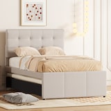 thumbnail of Merax Polsterbett, Doppelbett, Familienbett, mit drei Schubladen, ausziehbares Bett, Verstellbares Kopfteil, Beige, 90x200cm