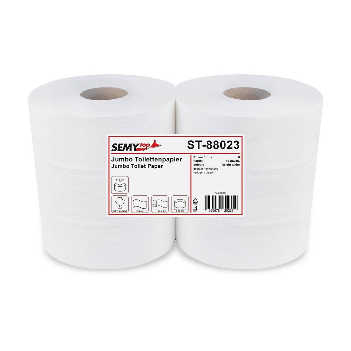 Jumbo Toilettenpapier SEMYtop - 2- lagig - hochweiß - 6 Rollen
