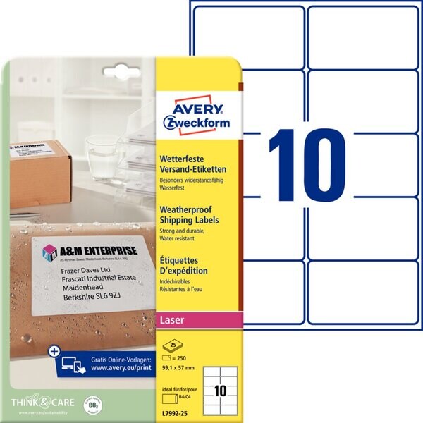 Wetterfeste Versandetiketten, 99,1 x 57 mm, weiß, Polyester, Laser s/w, Farblaser