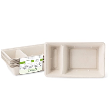 greenbox - Prato de cana-de-açúcar para batatas fritas, 2 compartimentos, 12 x 20 x 3,5 cm, 600 un..