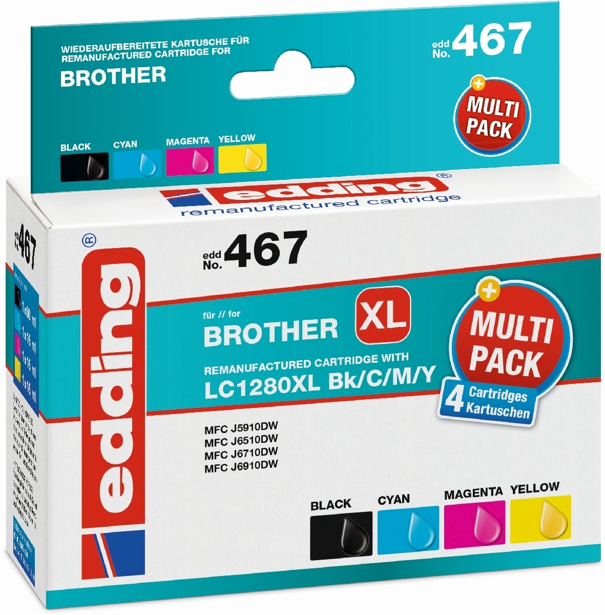 edding Druckerpatronen Multipack kompatibel mit Brother LC1280XL BK/C/M/Y Packung mit 12 Stück