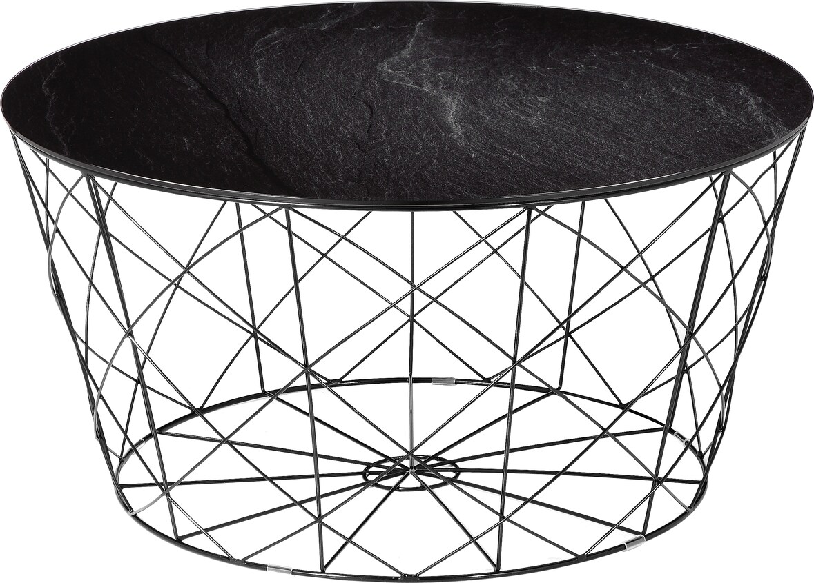 SalesFever Couchtisch mit Metallkorb Ø 80 cm | Glasplatte foliert in Marmor-Optik | Gestell Metall | B 80 x T 80 x H 45 cm | schwarz