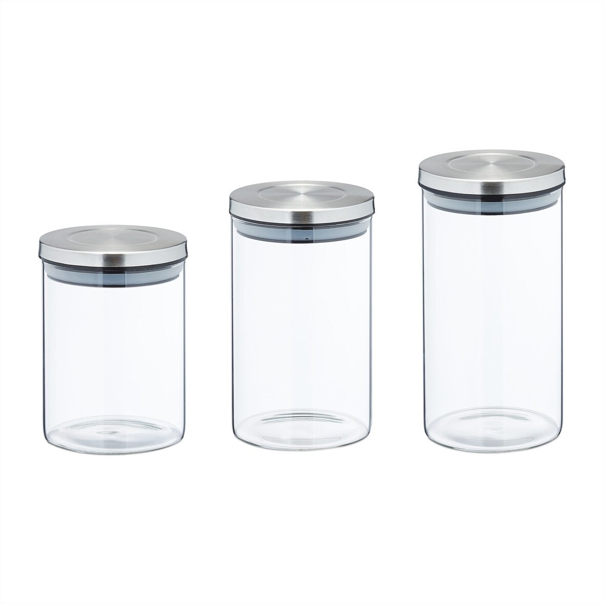 Relaxdays Vorratsgläser mit Edelstahldeckel, 6er Set, Vorratsdosen aus Glas, 3 Größen, luftdicht, transparent/silber