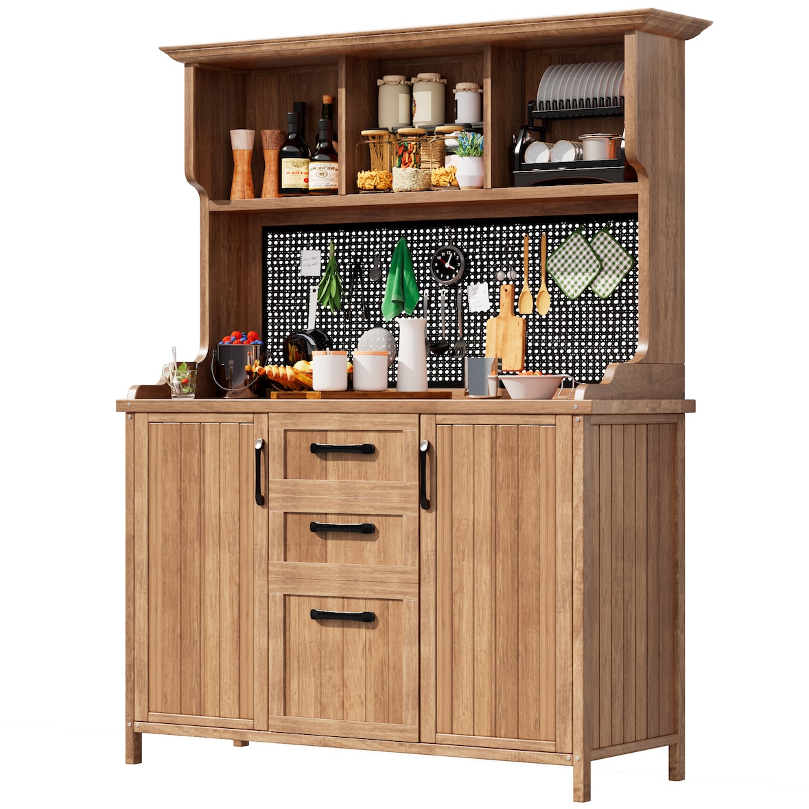 Merax Gartenschrank, Outdoor Küchenschrank, Tannenholz, Werkzeugschrank mit 3 Schubladen, 3 Fächern & Metall-Lochwand, Naturholzfarbe