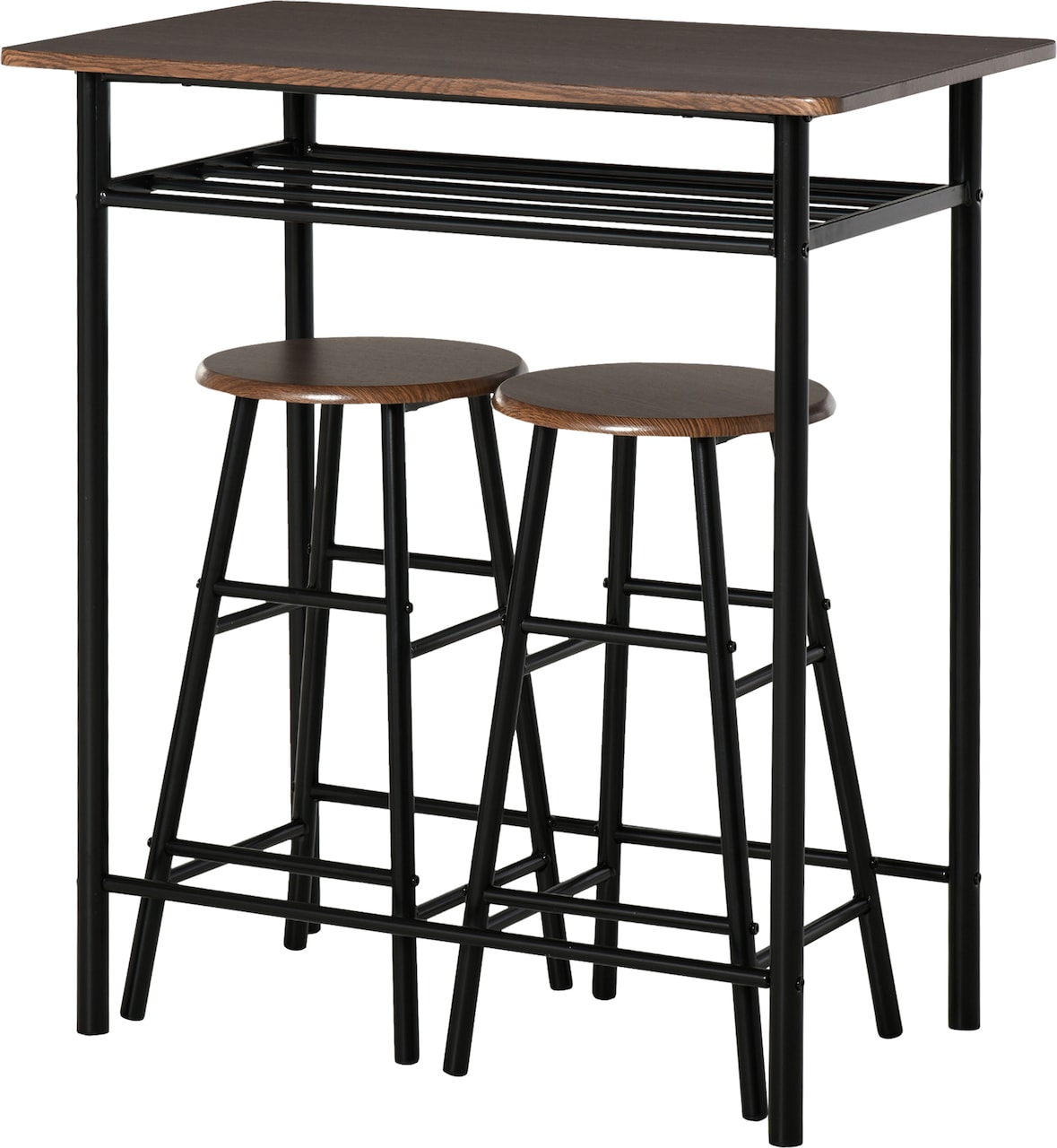 Bartisch Set 3 teilig 80x50x90 cm mit 2 Barhockern und Ablagefach Industrie Design Schwarz Metall MDF platzsparend
