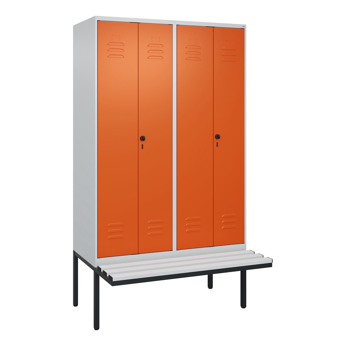 C+P Doppel-Spind Classic PLUS, Kunststoff schwebende Sitzbank, 4 Abteile, HxBxT 212x120x82cm, Sicherheitsdrehriegel, Hellgrau/Reinorange von PROREGAL