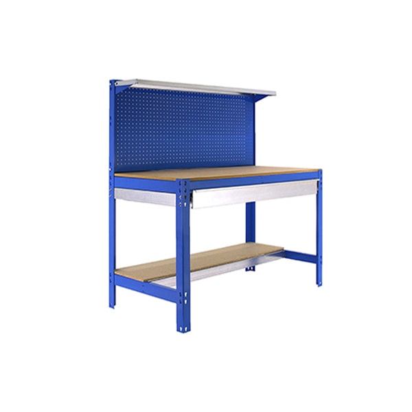 SimonRack Banco de Trabajo Taller, Capacidad Carga 400 kg, 1445x910x610 mm, Panel Perforado, 1 Cajón, Azul/Madera - BT-3