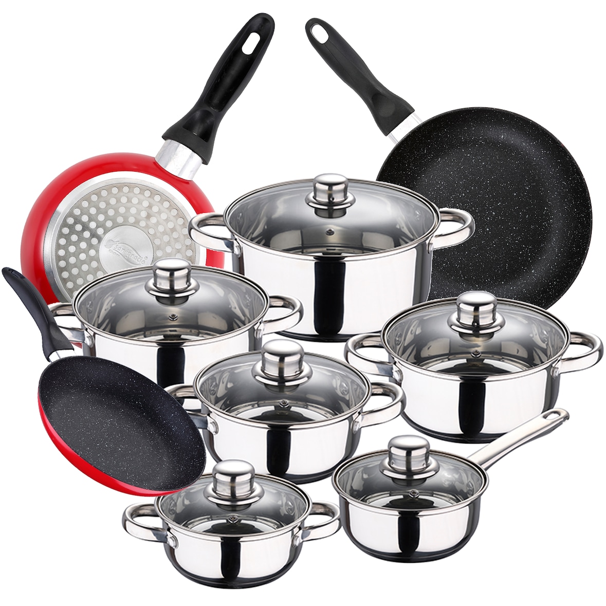 San Ignacio - Batería de cocina Cassel: 6 Ollas con Tapas y Juego de 3 sartenes Red&Marble Ø16/20/24 cm en Acero Inox/Aluminio Prensado